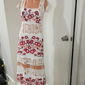 Floral Embroidered White Lace Midi Dress - Pink Floral